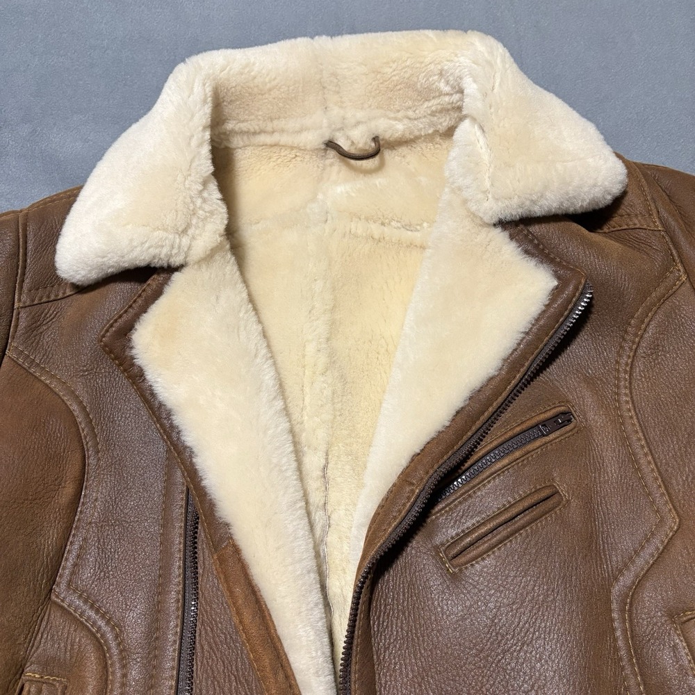 Shearling Lambskin B-3 Bomber Jacket Mens Size M Aviator Coat Brown Handmade NEW - Picture 6 of 16